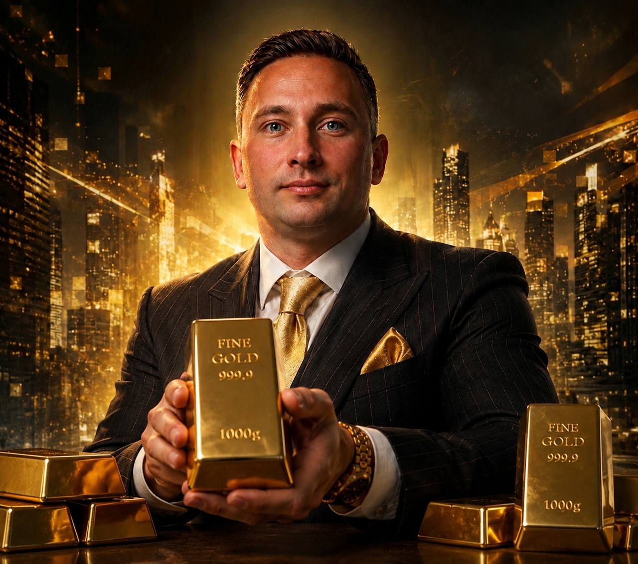 Goldhans hält einen 1000g Feingoldbarren — physisches Gold der TGI AG